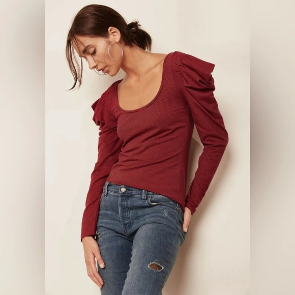 Free People Tops - Free People Penelope Red Stripe Puff Sleeve Stretch Knit Top Size Small
